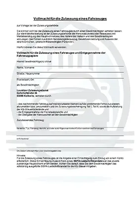 Vollmacht für die Zulassung eines Fahrzeuges
